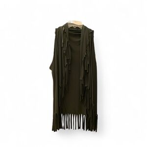 Olive Green Sleeveless Fringe Poncho